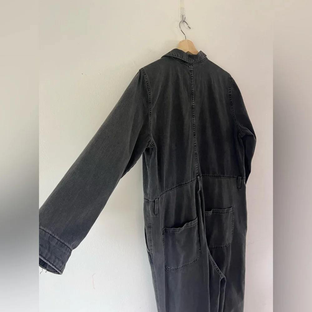 &Denim Washed Black Grey Long Sleeve Button Front Relaxed Fit Denim Jumpsuit - Picture 8 of 11
